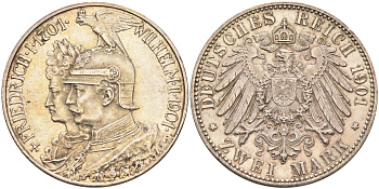 Пруссия 2 марки 1901 A, 200 лет Прусской королевской династии (Фридрих I - Вильгельм II) J.105, Weege 105, KM 525 серебро 02-230-13