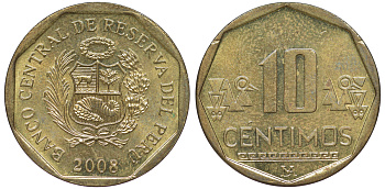 Перу 10 сентимо 2008 KM 305.4 латунь aUNC 4605-614