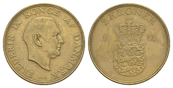 Дания 2 кроны 1955 N, Фредерик IX (1947-1972) KM 838 алюминиевая бронза 4653-1143