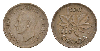 Канада 1 цент 1939 Георг VI (1936-1952), кленовый лист KM 32 бронза 4630-512
