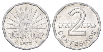 Уругвай 2 сентесимо 1977 KM 72 алюминий UNC 4627-835