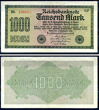 Германия 1000 марок 1922 выпуск 15 сентября 1922, водяной знак J, зеленая бумага, серия GP, буква Bb Pick 76 g (3) бумага 6279-40-1-2