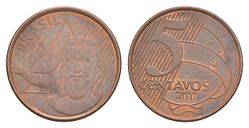 Бразилия 5 сентаво 2010 KM 648, Schon 156 сталь плакированная медью 4647-1242