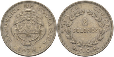 Коста-Рика 2 колона 1978 В.С.С.R., парусник KM 187.2 медно-никель 82-944