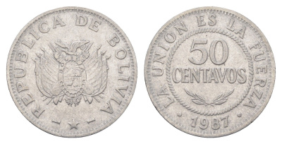 Боливия 50 сентаво 1987 KM 204 нержавеющая сталь 4663-335