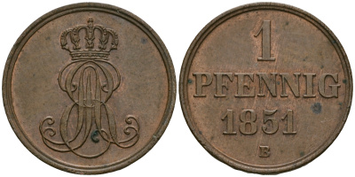 Ганновер 1 пфенниг 1851 B, Эрнст Август (1837-1851) KM 201.1, AKS 129, J. 74 медь 4608-1121
