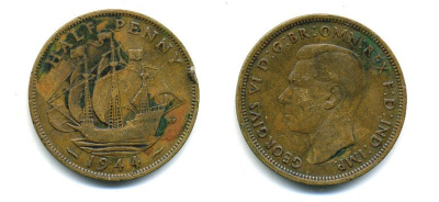 Великобритания 1/2 пенни 1944 Георг VI (1936-1952) KM 844, Spink 4115 бронза 4379-1154