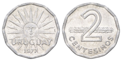 Уругвай 2 сентесимо 1977 KM 72 алюминий UNC 4627-835