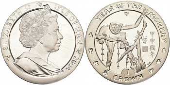 Остров Мэн 1 крона 2004 год обезьяны KM 1238 медно-никель UNC 74-315