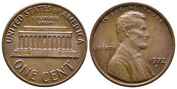 США 1 ЦЕНТ 1972 D, ЛИНКОЛЬН KM 201 медь цинк 4364-841