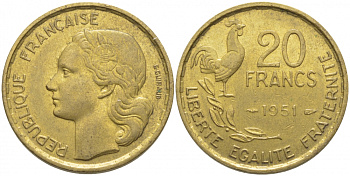 ФРАНЦИЯ 20 ФРАНКОВ 1951 ПЕТУХ, 4 ПЕРА KM 917.1, LE FRANC 402.7 3856-433 алюминиевая бронза 3856-433