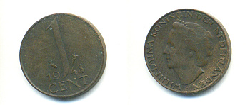 Нидерланды 1 цент 1948 Вильгельмина (1890-1948), год тип KM 175 бронза 83-911