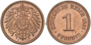 Германия 1 пфенниг 1891 A, Вильгельм II (1888-1918) KM 10, J. 10 медь aUNC 1525-422