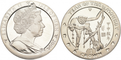 Остров Мэн 1 крона 2004 год обезьяны KM 1238 медно-никель UNC 74-315