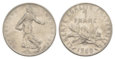 Франция 1 франк 1960 сеятель KM 925.1, Le Franc 226.4 никель 4631-531