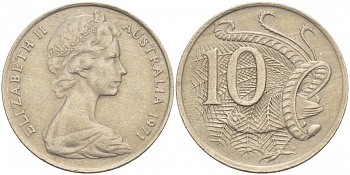 Австралия 10 центов 1971 Елизавета II (1952-), птица лирахвост KM 65 медно-никель 4539-1111