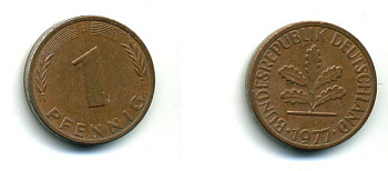 ФРГ 1 ПФЕННИГ 1977 D KM 105, J 380 сталь плакированная медью 46-135