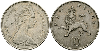 Великобритания 10 пенсов 1975 Елизавета II (1952-2022) KM 912, Spink 4231 (F1) медно-никель 4120-345