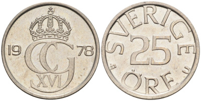 Швеция 25 эре 1978 Карл XVI Густав (1973- ) KM 851 медно-никель UNC 4585-513