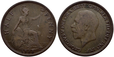 Великобритания 1/2 пенни 1933 Георг V (1910-1936) KM 837, Spink 4058 бронза 259-442