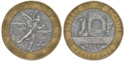 Франция 10 франков 1991 тип гений Бастилии KM 964.1, Le Frank 375.6 биметалл 45-922