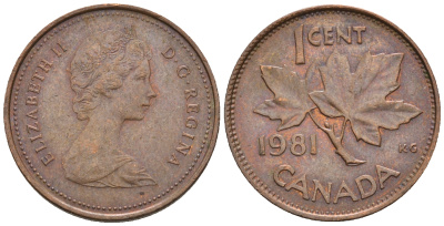 Канада 1 цент 1981 Елизавета II (1952-2022), кленовый лист KM 127 бронза 4609-157