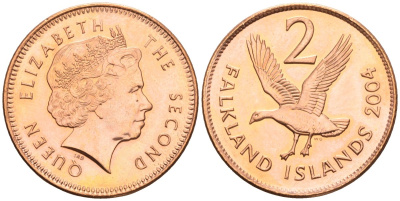 Фолклендские острова 2 пенса 2004 Елизавета II (1952-2022), магелланов гусь KM 131 сталь плакированная медью aUNC 87-116