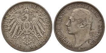 Саксен-Веймар-Эйзенах 2 марки 1901 А, Вильгельм Эрнст (1901-1918) Weege 153, J. 157, KM 170 серебро 00-000-00