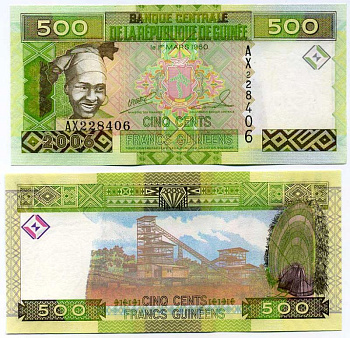 Гвинея 500 франков 2006 женщина, горный конвейер Pick 39 бумага UNC (пресс) 448-24-3