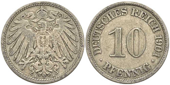 ГЕРМАНИЯ 10 ПФЕННИГОВ 1901 А KM 12, J. 13 медно-никель 210-637