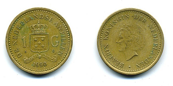 Нидерландские Антилы 1 гульден 1990 Беатрикс (1980-2013) KM 37 позолоченная сталь 25-741