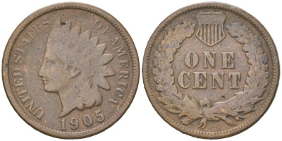 США 1 цент 1905 индеец KM 90a бронза 4613-1122