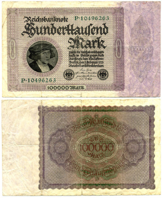 Германия 100000 марок 1923 Георг Гизе, без T под портретом, 8 цифр в номере Pick 83 a, Розенберг 82 а бумага 2192-34-1