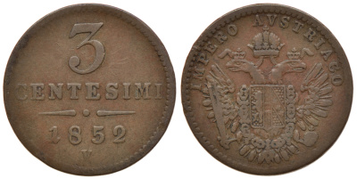 ВЕНЕЦИЯ, ЛОМБАРДИЯ 3 ЧЕНТЕЗИМО 1852 V KM 30.2 медь 560-1651