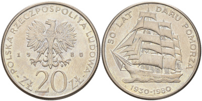 Польша 20 злотых 1980 MW, 50 лет фрегату «Дары Поморца» KM 112, Parchimowicz 253 медно-никель UNC 4111-926