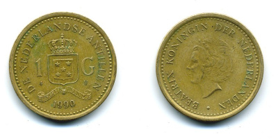 Нидерландские Антилы 1 гульден 1990 Беатрикс (1980-2013) KM 37 позолоченная сталь 25-741