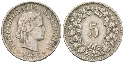 Швейцария 5 раппенов 1906 B KM 26 медно-никель 4160-255