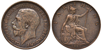 Великобритания 1 фартинг 1920 Георг V (1910-1936) KM 808.2, Spink 4060 бронза 4122-452