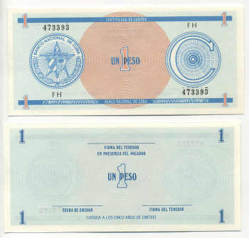 Куба, валютный сертификат 1 песо ND серия C, первый выпуск, голубая Pick FX 11 бумага UNC (пресс) 00-00