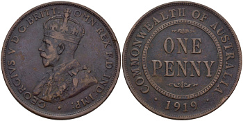 АВСТРАЛИЯ 1 ПЕННИ 1919 ГЕОРГ V KM 23 бронза 82-714