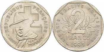 Франция 2 франка 1993 Жан Мулен, 50 лет Национальному движению сопротивления KM 1062, Le Franc 273.2 никель UNC 213-1226
