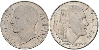 ИТАЛИЯ 20 ЧЕНТЕЗИМО 1940 R, ГОД XVIII, ВИКТОР ЭММАНУИЛ III (1900-1946), немагнитная, ГУРТ РИФЛЁНЫЙ KM 75d, VEM3. 1026a) нержавеющая сталь 3853-543