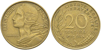ФРАНЦИЯ 20 САНТИМОВ 1964 ТИП MARIANNE KM 930, LE FRANC 156.4 алюминиевая бронза 175-822
