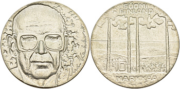 Финляндия 10 марок 1975 S-H, 75 лет президенту Урхо Кекконену KM 54 серебро 4558-331
