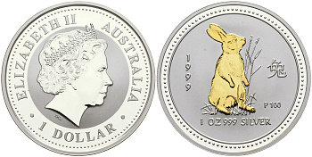 Австралия 1 доллар 1999 восточный календарь, год кролика KM 502a серебро, позолота PROOF 11-083-12