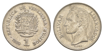 Венесуэла 1 боливар 1989 Симон Боливар, тонкий шрифт Y 52a.1 сталь плакированная никелем 4589-1235