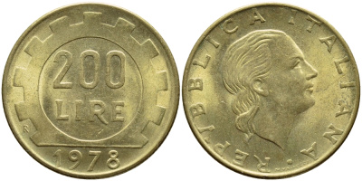 Италия 200 лир 1978 R, шестерня KM 105 алюминиевая бронза 4395-544