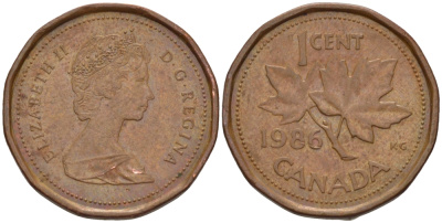 Канада 1 цент 1986 Елизавета II (1952-2022), кленовый лист KM 132 бронза 54-923