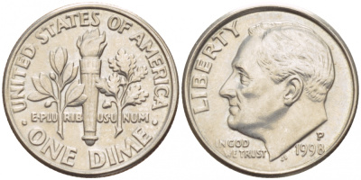 США 10 ЦЕНТОВ = 1 ДАЙМ 1998 P, РУЗВЕЛЬТ KM 195а медь плакированная медно-никелем 4547-952