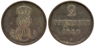 Ганновер 2 пфеннига 1849 B, Эрнст Август (1837-1851) KM 202.1, AKS 124, J. 75 медь 75-1925